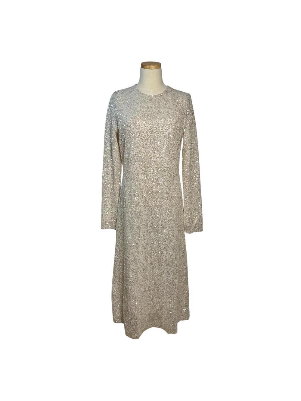 Stine Goya Sparkly Cream Sequin Long Sleeve Relaxed Midi Celsia Dress, Small